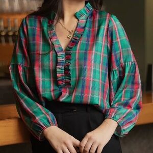 Green Plaid Ruffled Puff Sleeve Blouse